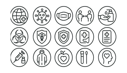 Line style icons of round public health and safety: round global health, round virus icon, round mask icon, round social distance, round sanitizer icon, round outbreak alert, round public health