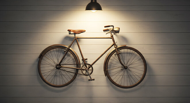 Vintage bicycle mounted on wall under warm light fixture