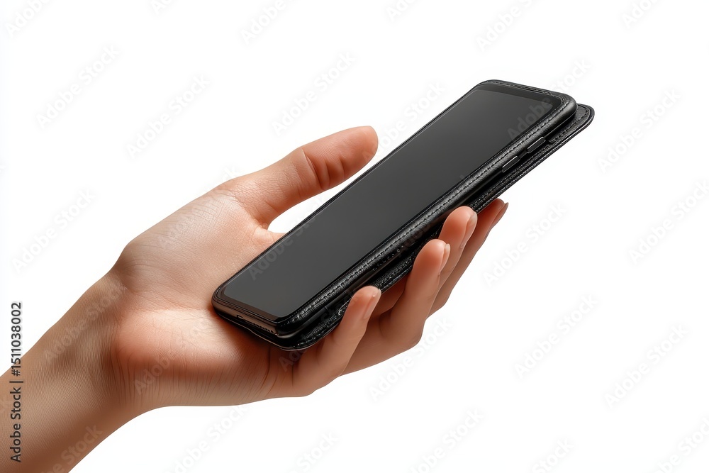Poster hand holding a smartphone displaying a blue geometric pattern on the screen while sitting on a white