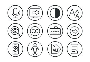 Line style icons of round digital accessibility: round voice assistant, round screen reader, round high contrast icon, round font size icon, round visual aid, round closed caption, round keyboard