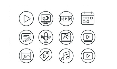 Line style icons of round video and content marketing: round play icon, round video campaign, round content series, round content calendar, round blog icon, round podcast icon, round webinar icon,