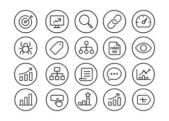 Line style icons of round SEO analytics: round keyword rank, round organic traffic, round search query, round backlink count, round domain authority, round page speed, round crawl icon, round index