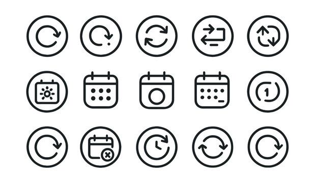 Line style icons of round recurring and custom events: round repeat icon, round custom frequency, round event cycle, round interval badge, round every day icon, round weekly icon, round monthly badge