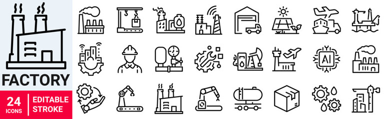 Factory web line icon set. Containing factory, eco factory, industrial robot, recycling plant. Editable stroke. Vector illustration