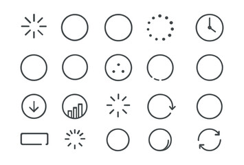 Line style icons of round loading and progress: round loading spinner, round circular loader, round progress bar, round loading dots, round wait icon, round percentage ring, round preload icon, round