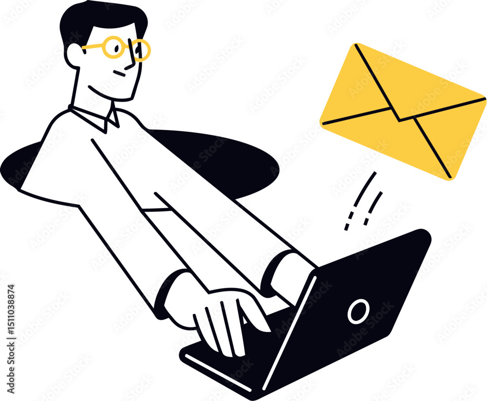 Poster man laptop email sending communication business technology internet digital online connection concep