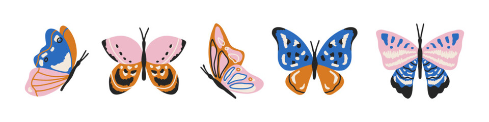 Hand drawn vector set of whimsical butterflies isolated on white. Cute charming different butterflies collection for summer design, prints and posters. Abstract insect illustration. Flat vector art