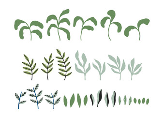 Hand drawn vector collection of abstract leaves and branches isolated on white. Vibrant floral elements for summer design, prints, festive holidays. Lovely flat illustration. Abstract set of foliage