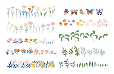 Huge set of hand drawn vector blooming flowers, leaves and branches isolated on white. Whimsical botanical collection for summer designs and prints. Spring floral elements, flat vector illustration