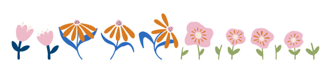Set of hand drawn abstract flowers isolated on white. Whimsical floral elements for summer design, prints, posters. Cute botanical motifs. Flat vector illustration. Summer design elements