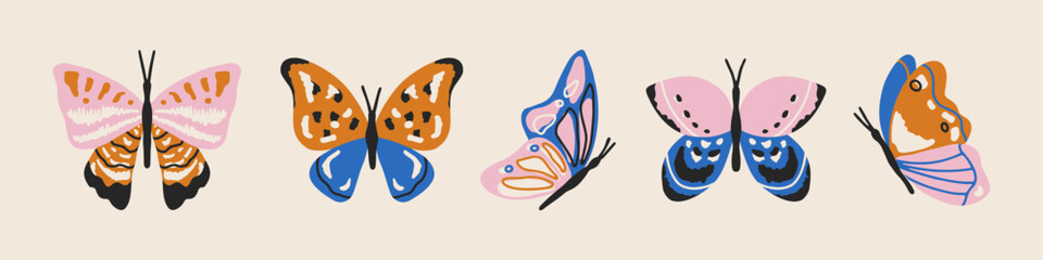 Hand drawn vector set of whimsical butterflies isolated on white. Cute charming different butterflies collection for summer design, prints and posters. Abstract insect illustration. Flat vector art