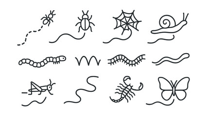 Line style icons of insect and small invertebrate trails: ant trail, beetle crawling track, spider path, snail slime trail, caterpillar path, grasshopper jump marks, centipede trace, worm burrow line