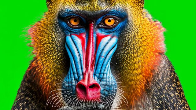 Close-up of colorful mandrill face on green background