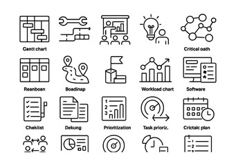 Line style icons of project planning: Gantt chart, timeline setup, project kickoff, planning meeting, resource allocation, sprint board, roadmap planning, milestone icon, dependencies chart, critical