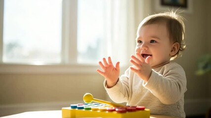 Baby playing with colorful toy while smiling in bright living room  