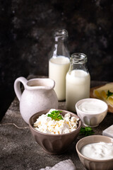 Dairy products. Milk, cottage cheese, cream, butter and yogurt