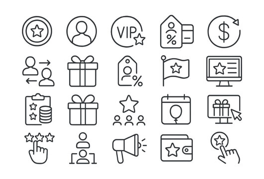 Line style icons of loyalty programs: reward points, member badge, VIP level, loyalty card, cashback icon, referral program, anniversary gift, member discount, reward milestone, loyalty dashboard,