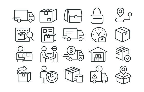 Line style icons of delivery and logistics: delivery truck, shipping box, courier bag, delivery route, tracking number, shipping label, order dispatched, order received, express shipping, local