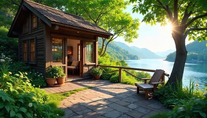 Obraz premium Rustic summer house nestled amongst lush greenery, perfect for a relaxing getaway Enjoy the serene view from the spacious deck , property, flowers