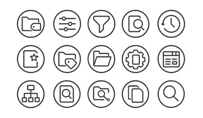 Line style icons of round file organization and search: round folder tag, round sort icon, round filter badge, round search file, round recent icon, round favorite file, round tag folder, round