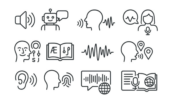 Line style icons of speech and voice AI: voice synthesis, speech bot, sound recognition, voice assistant, emotion detection, phoneme icon, pitch analyzer, accent detection, speaker ID, voice pattern,