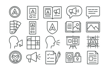 Line style icons of branding and identity: brand logo, visual identity, style guide, brand voice, slogan icon, color palette, brand guideline, typography badge, brand story, image style, tone of