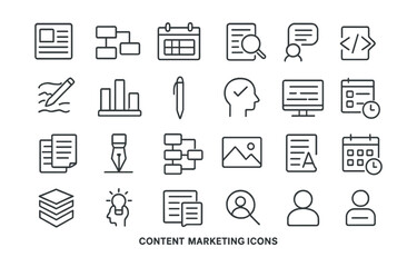 Line style icons of content marketing: blog post icon, content plan, editorial calendar, keyword planner, content brief, storytelling icon, article draft, headline tag, copywriting icon, content