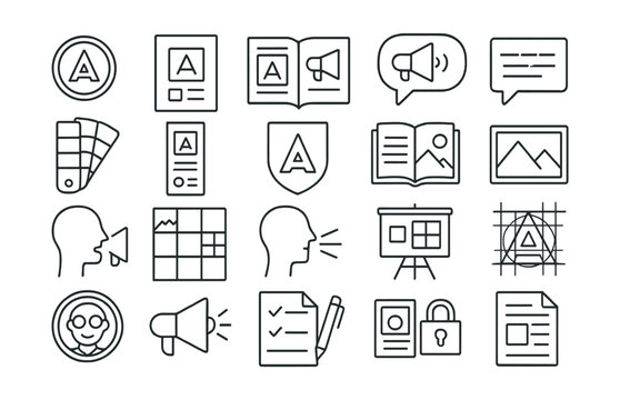 Line style icons of branding and identity: brand logo, visual identity, style guide, brand voice, slogan icon, color palette, brand guideline, typography badge, brand story, image style, tone of