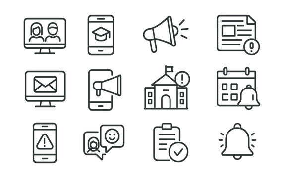 Line style icons of school communication: parent portal, student app, announcement icon, weekly newsletter, message teacher, school updates, calendar notice, grade alert, chat with staff, parent
