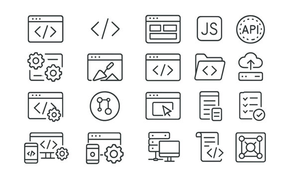 Line style icons of digital development and coding: code editor, HTML tag, CSS layout, JS icon, API badge, backend logic, frontend build, source code icon, code repository, deployment icon, dev