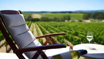 A comfortable chair with cushions and a glass of white wine on a table against the backdrop of rows of green grape vines under a blue sky.