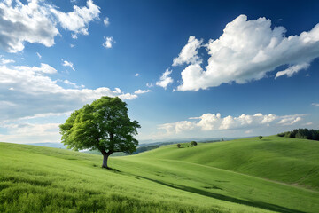 Obraz premium Single Tree in Rolling Green Hills under Clear Blue Sky