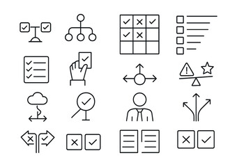 Line style icons of decision making: pros and cons, decision tree, choice matrix, priority chart, options list, voting icon, decision point, risk vs reward, what-if scenario, evaluate icon, decision
