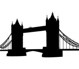 Tower Bridge silhouette. This image shows the iconic Tower Bridge in London, a black silhouette with its twin towers and suspension elements against a white background 