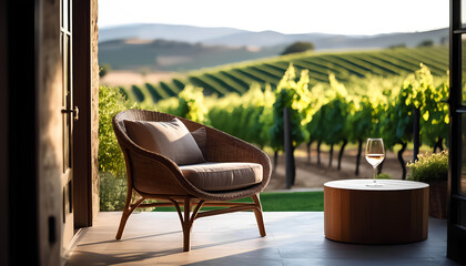A wicker chair with a soft cushion sits on the terrace overlooking the green rows of a vineyard that stretch to the hills on the horizon. A glass of drink sits on a small table nearby.