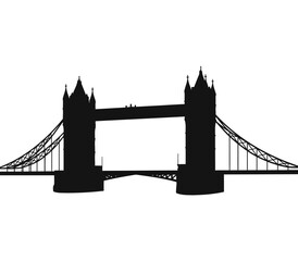 High-contrast vector silhouette of the London Tower Bridge with reflection in water, isolated style with white background