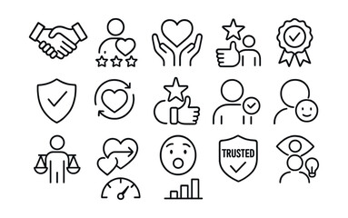 Line style icons of brand perception and trust: trust icon, customer loyalty, emotional branding, credibility icon, quality perception, brand affinity, value alignment, user sentiment, trusted badge,