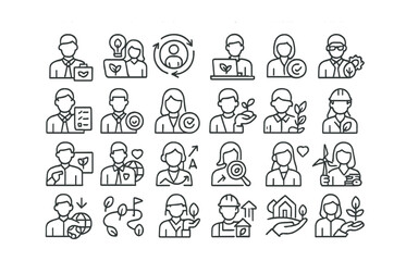 Line style icons of green economy and sustainability careers: green job, eco entrepreneur, circular economy, green tech startup, environmental economist, carbon auditor, sustainability officer,