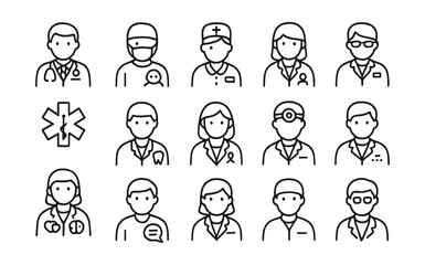 Line style icons of healthcare professionals and roles: general practitioner, pediatrician icon, surgeon icon, nurse assistant, pharmacist icon, paramedic badge, dentist icon, therapist icon,