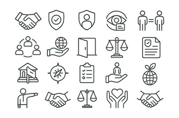 Line style icons of corporate ethics and values: handshake, integrity icon, trust badge, transparency, equality icon, inclusion circle, responsibility icon, open door policy, ethical decision,