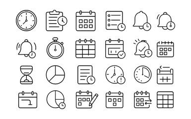 Line style icons of time management: clock icon, time tracker, calendar block, daily agenda, deadline bell, event reminder, stopwatch, weekly plan, smart calendar, meeting alert, productivity hour,