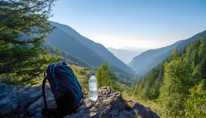 A backpack and a bottle of water lie on a rock against a mountain landscape with forests and a blue sky. A partial silhouette of a tree is visible on the left.