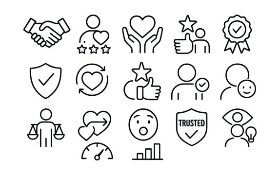 Line style icons of brand perception and trust: trust icon, customer loyalty, emotional branding, credibility icon, quality perception, brand affinity, value alignment, user sentiment, trusted badge,