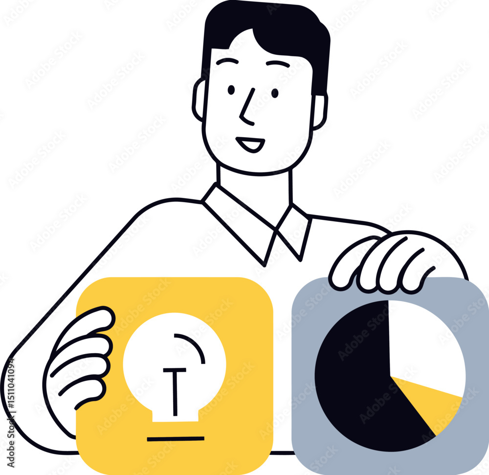 Poster man holding idea bulb and chart business data analysis information presentation report strategy succ