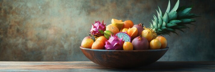 Exotic tropical fruit assortment in a rustic bowl evokes health and indulgence