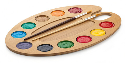 Artist's wooden palette with paint samples isolated on transparent background