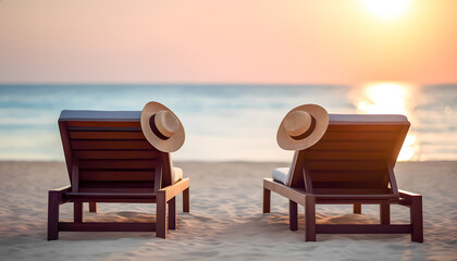 Two empty wooden sun loungers sit on a sandy beach, with straw hats hanging on the backs. The sea and pastel sunset sky are visible in the background.