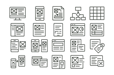 Line style icons of wireframes and design drafts: desktop wireframe, mobile wireframe, UX sketch, layout grid, sidebar structure, wireframe template, flow diagram, homepage frame, form layout, app