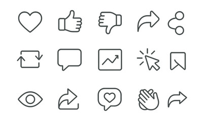 Line style icons of engagement and reactions: heart icon, like button, dislike icon, emoji react, share icon, repost icon, comment icon, bookmark icon, engagement rate, click through icon, view count