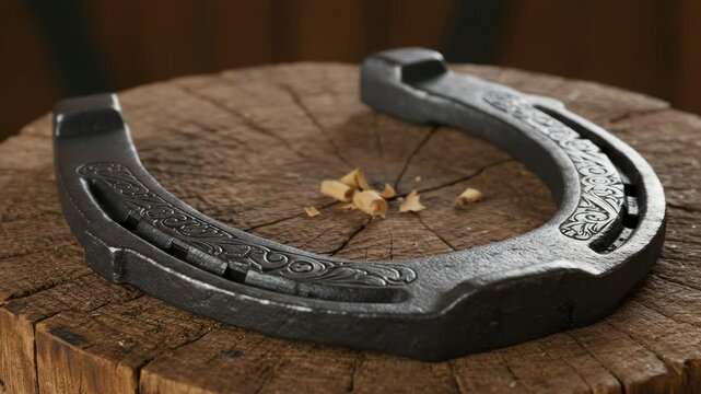 Vintage horseshoe resting on a wooden surface with wood shavings  